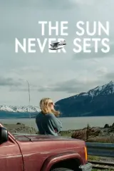 The Sun Never Sets (2026) movie poster featuring Dakota Fanning, Jake Johnson, and Cory Michael Smith in a tense romantic triangle