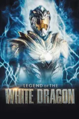 Legend of the White Dragon (2026) movie poster featuring Jason David Frank in white armored suit with dragon motif, dark city background