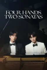 Poster for Four Hands, Two Sonatas (2026) showing two pianists at a grand piano, one polished, one intense, with Korean title text