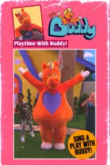 Buddy (2026) movie poster featuring a bright orange unicorn with a sinister grin surrounded by a terrified cast in a surreal TV studio set