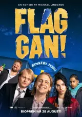 Flaggan 2026 movie poster featuring two young men struggling with a massive Swedish flag in an urban square at night