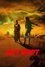 Poster for Hot Spot (2026) showing a neon-lit cityscape with a lone detective silhouette under a hovering AI eye