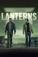 Lanterns 2026 HBO series poster featuring Kyle Chandler as Hal Jordan and Aaron Pierre as John Stewart in Green Lantern uniforms against a dusty American heartland backdrop