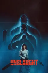 Onslaught (2026) movie poster featuring Adria Arjona as a sniper in desert camo, protective stance over a child, with genetically enhanced soldiers emerging from heat haze behind her