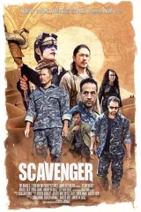 Scavenger 2026 movie poster featuring a desaturated, industrial landscape with two silhouetted figures scavenging among ruins under a hazy sky