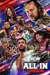 AEW All In 2026: London movie poster showing Wembley Stadium packed with fans, featuring Kenny Omega, Will Ospreay, Mercedes Mone, and Kazuchika Okada in action poses