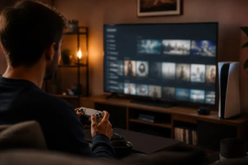 A gamer navigating Jellyfin on a PlayStation 5 console.