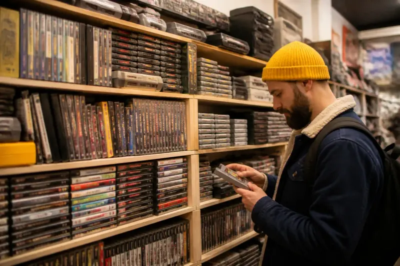 A second-hand game shop shelf filled with physical game discs.