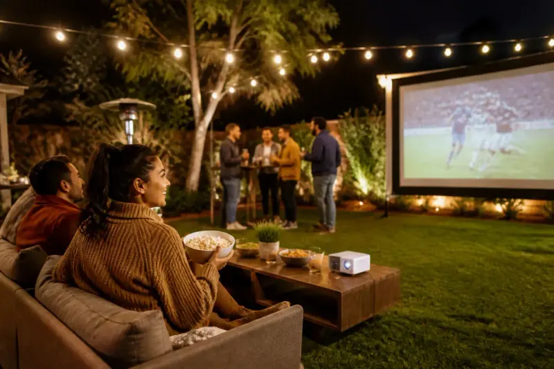 A backyard equipped with various smart gadgets including lights and a projector