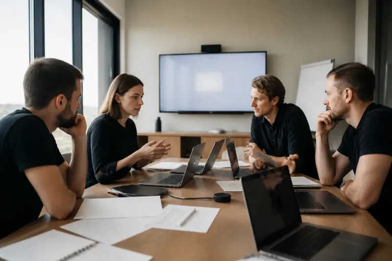 A table with notes and laptops being reviewed by developers.