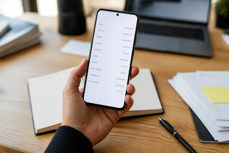 A close-up view of the TCL P80 Pro displaying its specifications on the screen.