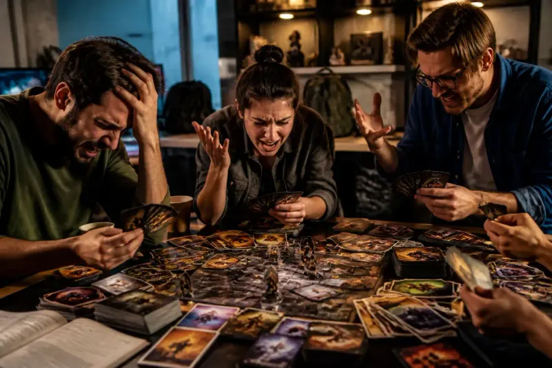 A visual representation of a gaming session showing characters facing numerous challenges