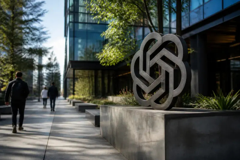 OpenAI headquarters exterior with a visible logo