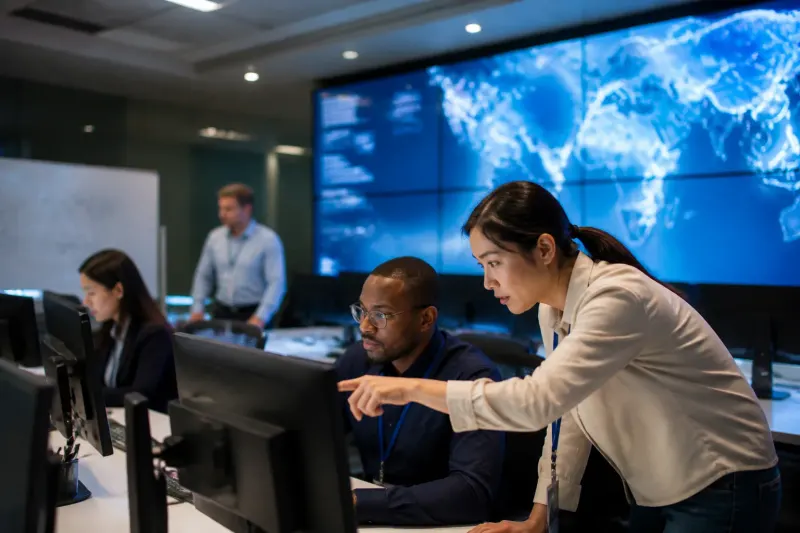 A cybersecurity team examining a large screen displaying a digital map of threat activity.