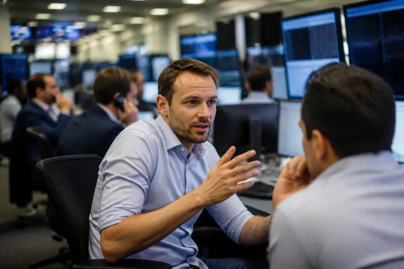A picture of a bustling exchange with traders observing market movements.