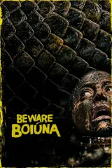 Beware Boiúna (2026) movie poster showing a colossal serpentine creature rising from Amazon jungle waters beneath a medical team's boat