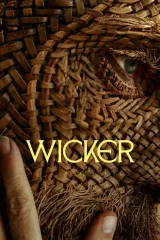 Poster for Wicker (2026) showing a wicker figure beside a seaside village