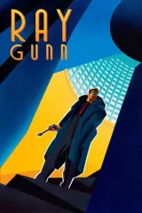 Poster for Ray Gunn (2026) showing a neon-lit art deco cityscape with a silhouetted detective and a glowing holographic figure