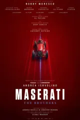 Maserati: The Brothers (2026) movie poster featuring the five Maserati brothers in period attire standing before a vintage race car, with Al Pacino, Anthony Hopkins, and Andy Garcia in supporting roles