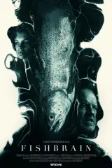 Fishbrain 2026 movie poster showing a bleak coastal town with washed-up fish and a silhouetted figure
