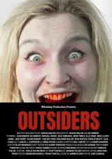 Outsiders (2026) movie poster showing a dimly lit flat interior with silhouetted figures and alien shapes pressing against frosted windows