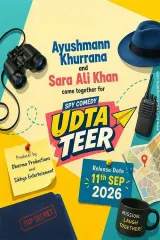 Poster for Udta Teer (2026) featuring Ayushmann Khurrana and Sara Ali Khan in a vibrant comedic scene