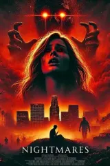 Nightmares (2026) movie poster featuring a moody UK cityscape with a journalist silhouette investigating in the foreground, dark tones suggesting mystery and thriller themes