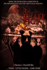 The 3 Killer Pigs (2026) movie poster featuring a dark farmhouse silhouette with three menacing pig shapes looming in the foreground