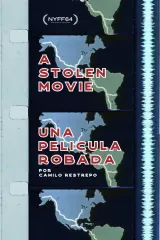 Poster for A Stolen Movie (2026) showing a fragmented black-and-white image of a 1960s Chevrolet Corvair in jungle terrain, overlaid with distressed text and migrant silhouettes