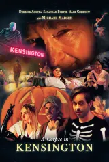 A Corpse in Kensington (2026) movie poster featuring a foggy suburban street on Halloween night with jack-o'-lanterns and a shadowy figure