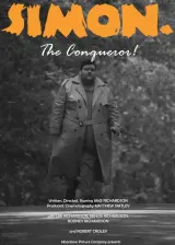 Poster for Simon. The Conqueror! (2026) showing Jake Richardson in multiple costumed roles against a stylized New Babel backdrop, tagline Lover. Fighter. Sleuth.
