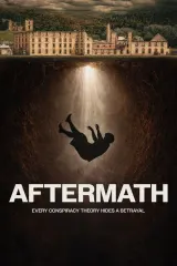 Poster for Aftermath (2026) showing a shadowy figure and a camera lens, hinting at paranoia and investigation.