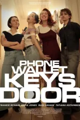 Phone Wallet Keys Door 2026 movie poster showing four friends in a messy living room