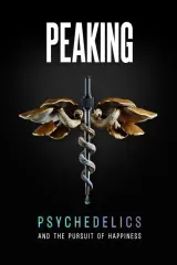 Poster for Peaking: Psychedelics and the Pursuit of Happiness (2026) showing a dosing room scene with a participant and guide
