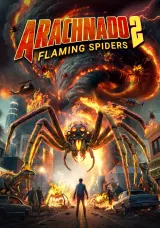 Poster for Arachnado 2: Flaming Spiders (2026) showing a fiery tornado swarming with flaming spiders
