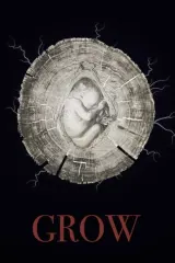 Grow (2026) movie poster featuring a distressed man with hands on his stomach, shadowed by looming figures, evoking body horror and captivity themes