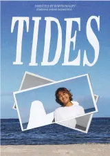 Poster for TIDES (2026) showing a lone teenager on a windswept Australian beach at low tide, muted blue-gray palette