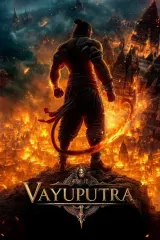Vayuputra (2026) movie poster featuring a stylized young hero with wind-themed powers soaring above mythic Indian landscapes