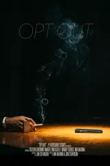 Opt Out (2026) movie poster featuring four silhouetted figures against a dim urban backdrop with a glowing phone screen displaying a coded message