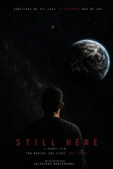 Poster for Still Here (2026) showing a solitary figure standing in a doorway opening onto darkness, with fragmented memories floating like dust motes in the light