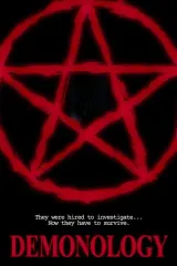 Poster for Demonology (2026) showing a dark, isolated house with shadowy figures approaching, title text in distressed font