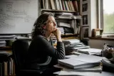 A mathematician deep in thought, surrounded by equations and a whiteboard filled with mathematical concepts.