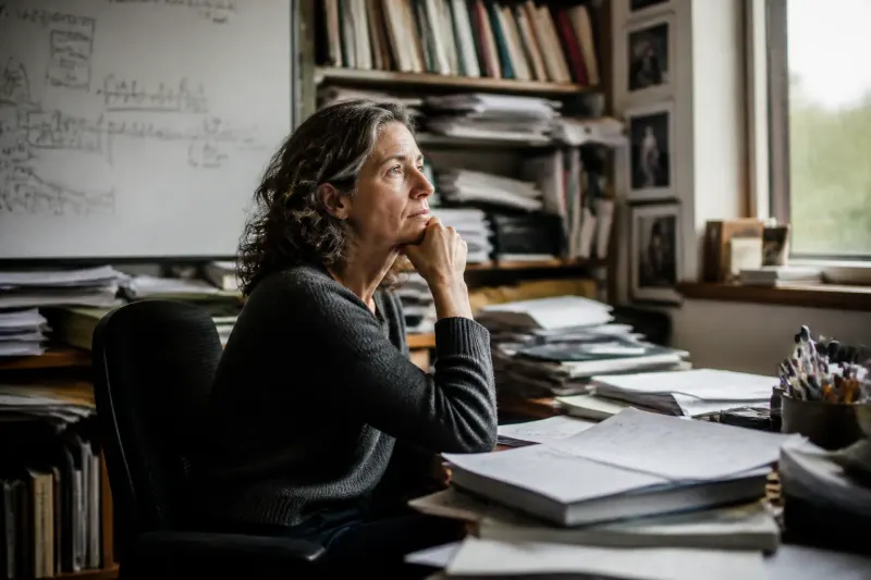 A mathematician deep in thought, surrounded by equations and a whiteboard filled with mathematical concepts.