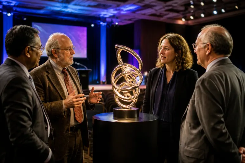 An illustration of the Millennium Prize trophy amidst mathematicians.