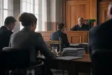 A courtroom scene depicting a legal battle over software copyright.