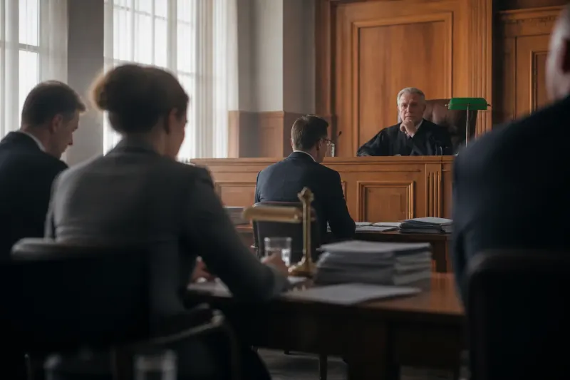 A courtroom scene depicting a legal battle over software copyright.