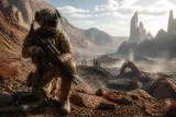 A soldier stands ready in a sci-fi landscape from StarCraft.