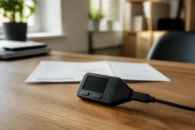 A Trezor hardware wallet sitting on a table with a blurred background showing a delivery receipt.