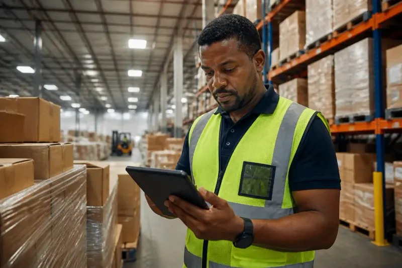 A warehouse worker checks shipping records on a tablet amid boxes and inventory.