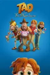 Tad and The Magic Lamp (2026) movie poster featuring Tadeo Jones holding a glowing ancient lamp alongside Sara Lavrof and Momia the mummy in a desert adventure setting